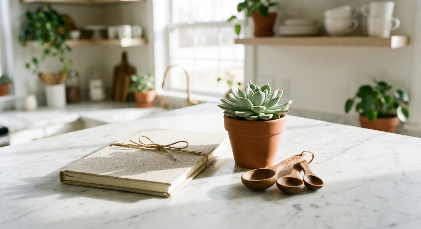 A notebook and kitchen tools on a clean counter, representing a plan for kitchen organization.
