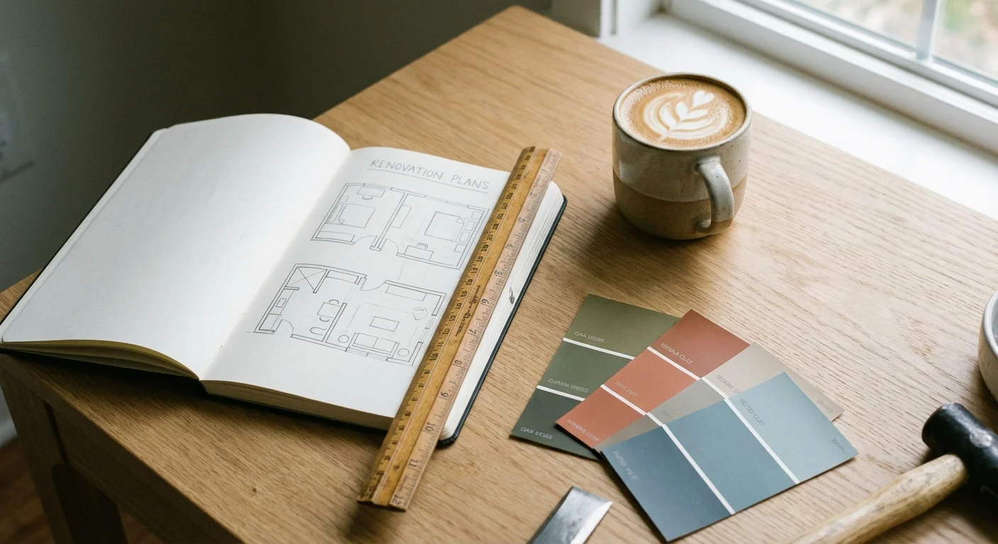 A notebook, paint swatches, and coffee on a wooden table, representing DIY planning.