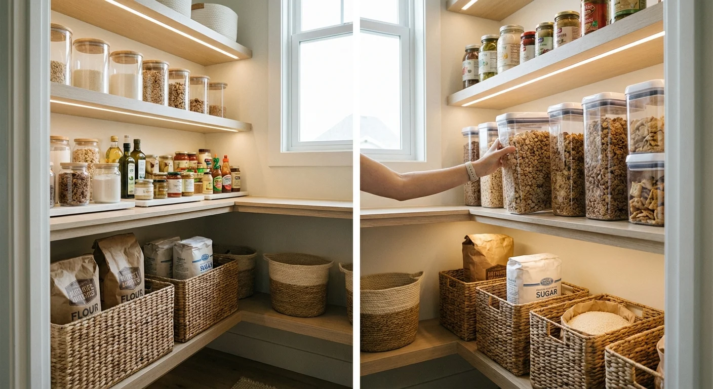 A pantry organized by zones with snacks at eye level and bulk items on the bottom.