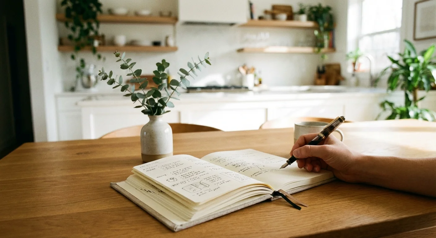 A paper planner and a pen on a wooden table, representing the organization of a cleaning schedule.