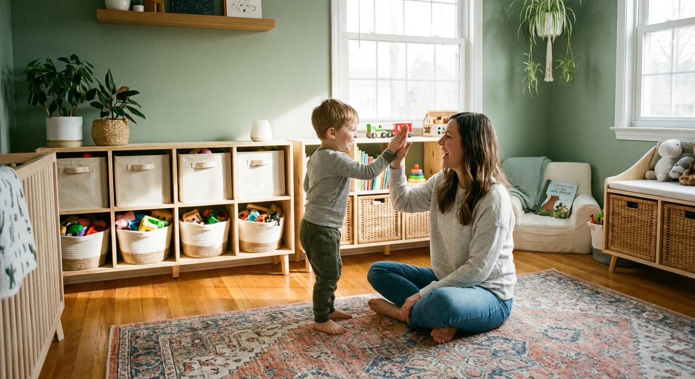 A parent and child celebrating in a clean, organized bedroom with accessible toy storage.