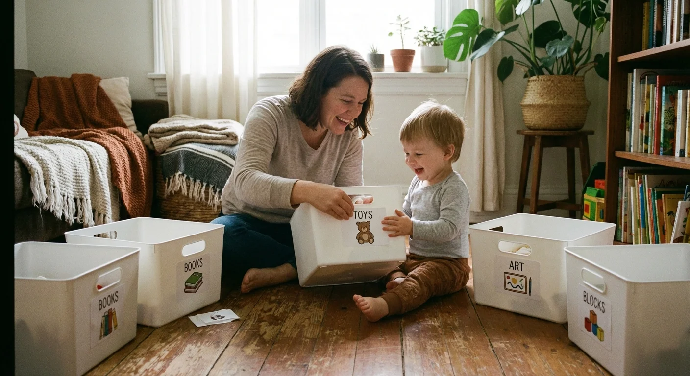 A parent and child collaborating on labeling toy bins for a DIY organization project.