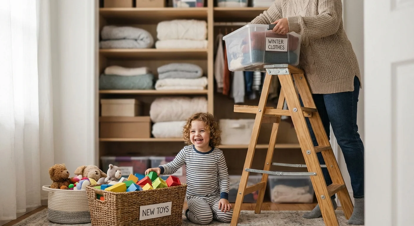 A parent placing a storage bin on a high shelf to facilitate a toy rotation system.