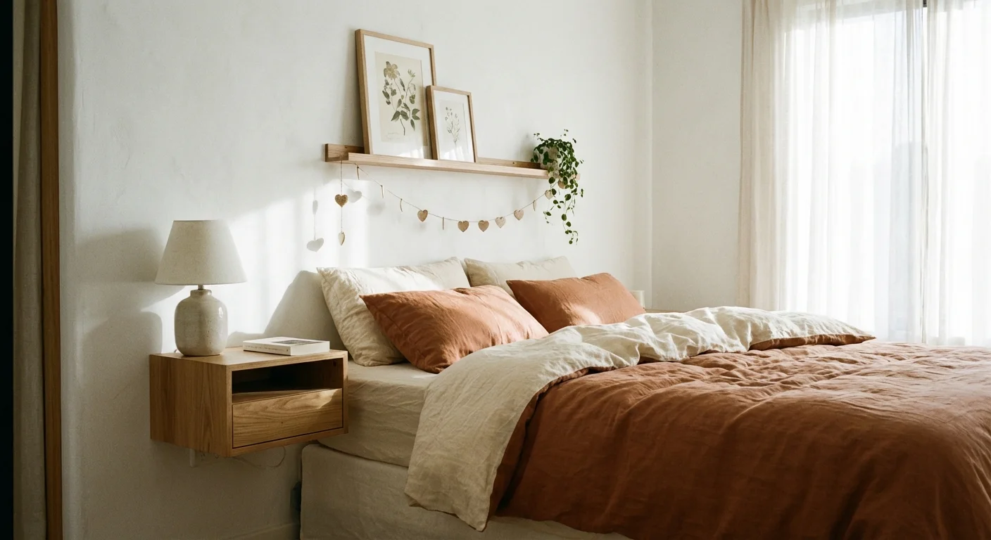 A peaceful bedroom with a floating bedside table and a wall-mounted shelf for art, creating a minimalist look.