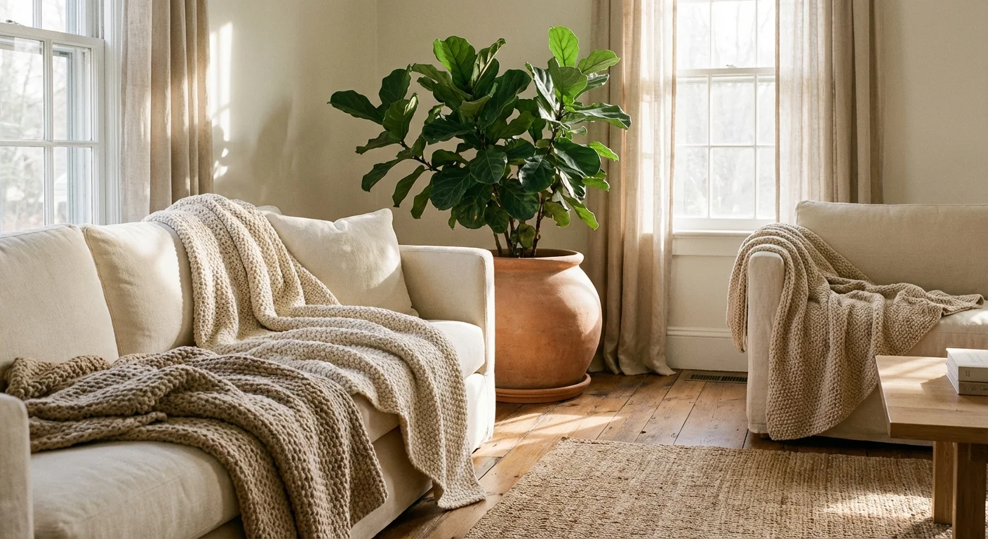 A peaceful living room corner with organic fabrics and a large indoor plant.