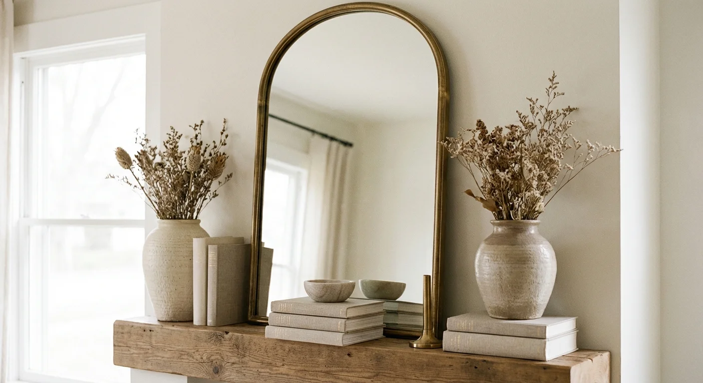 A perfectly balanced fireplace mantel featuring a mirror, vases, and books arranged in a triangle.