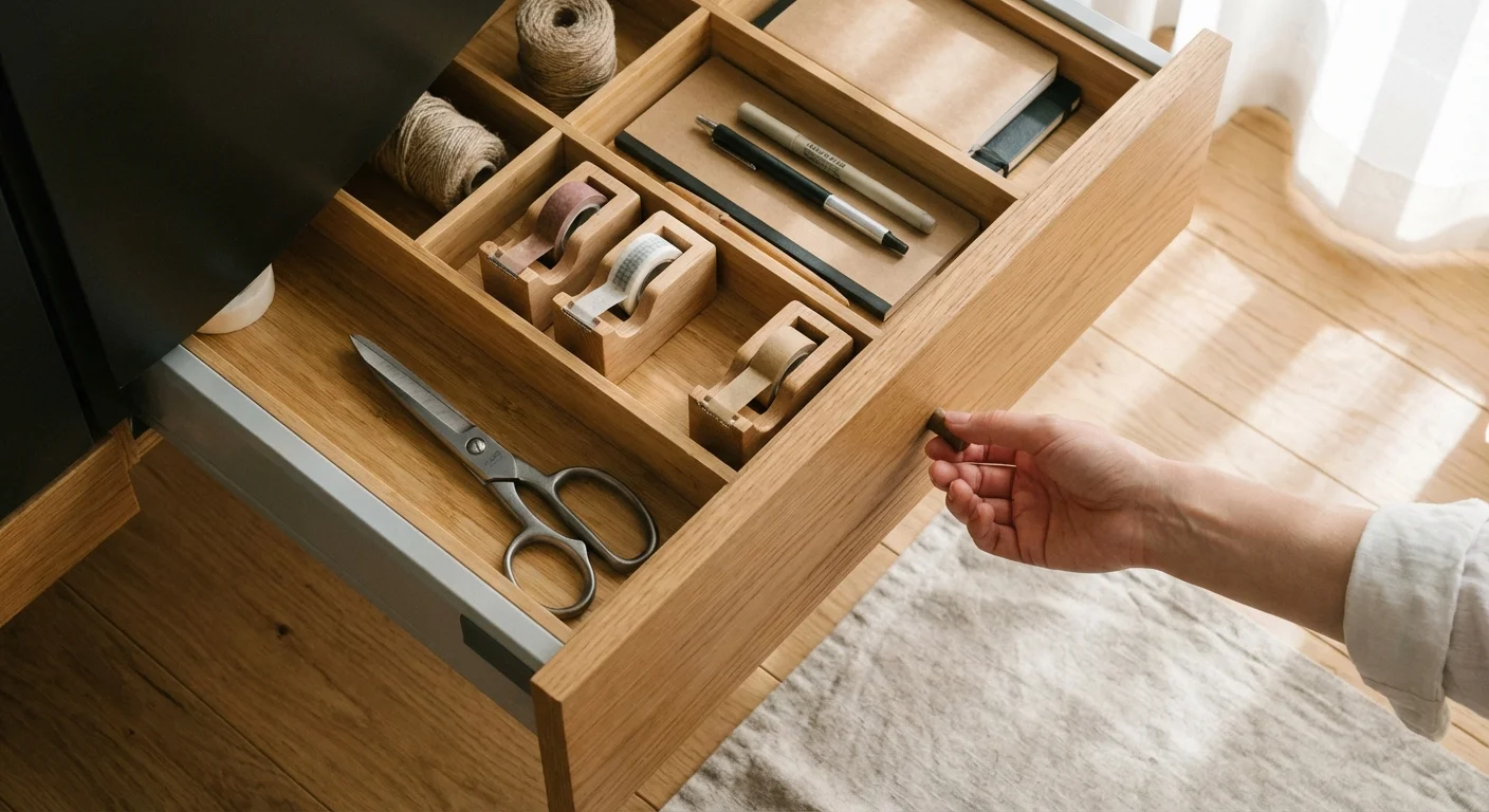 A perfectly organized kitchen drawer with bamboo dividers and household tools.