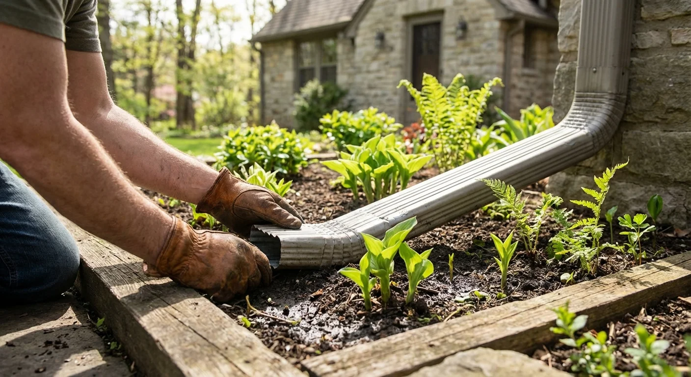 A person adjusting a gutter downspout in a spring garden.