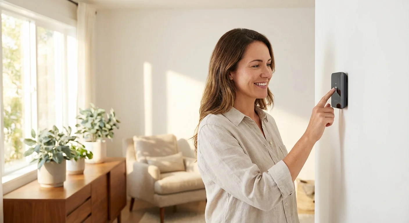 A person adjusts a sleek smart thermostat in a bright, modern living room.