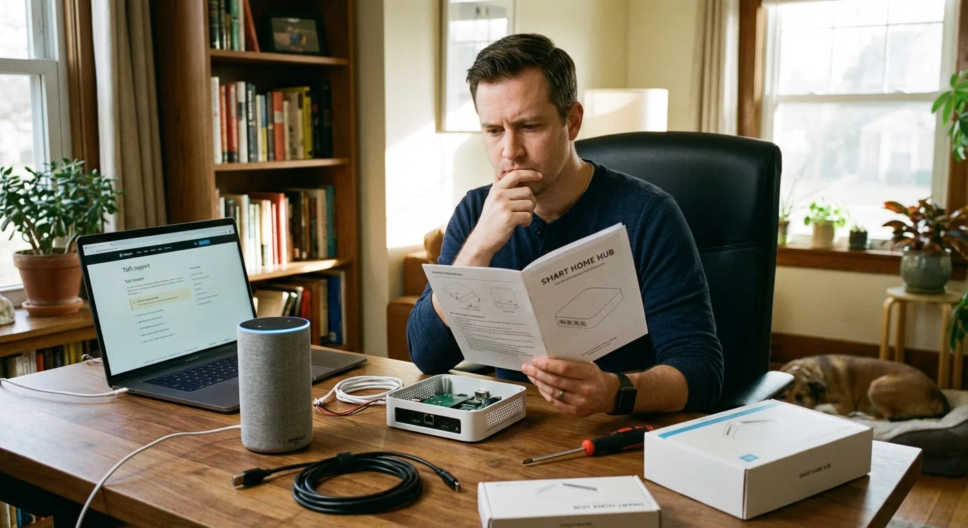 A person at a desk looking at a smart device manual, illustrating the setup process.