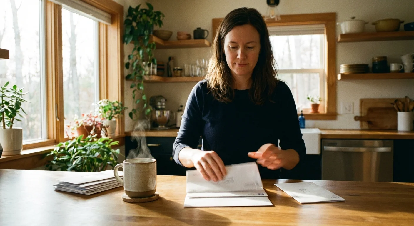 A person calmly sorting through a few pieces of mail in a bright kitchen with a cup of coffee.