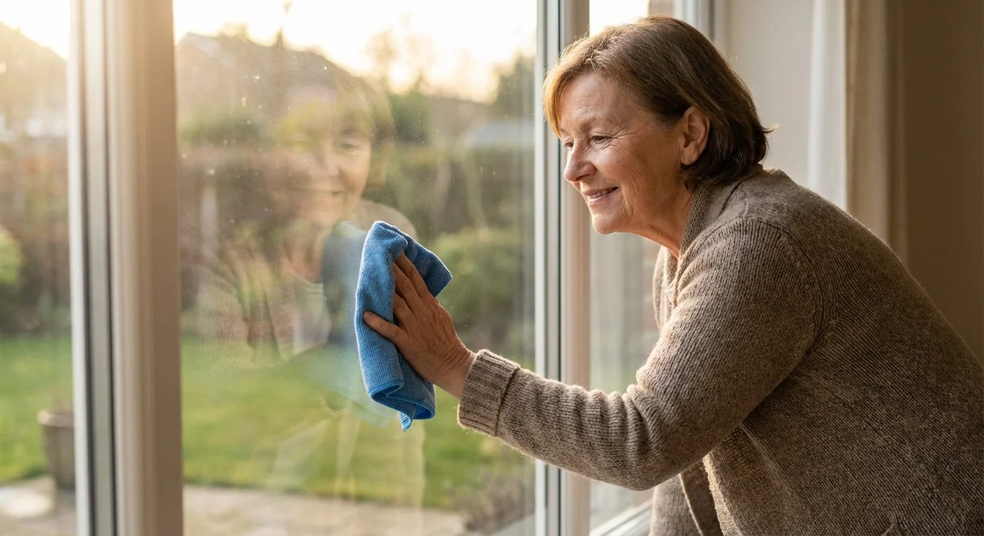 A person checking a window for streaks in soft natural light.