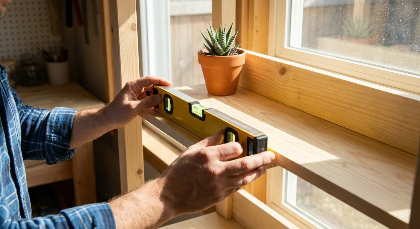A person checking a wooden wall shelf with a spirit level to ensure a straight installation.