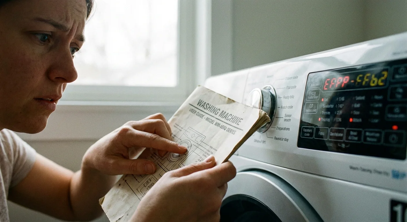 A person checking an appliance manual in a laundry room.