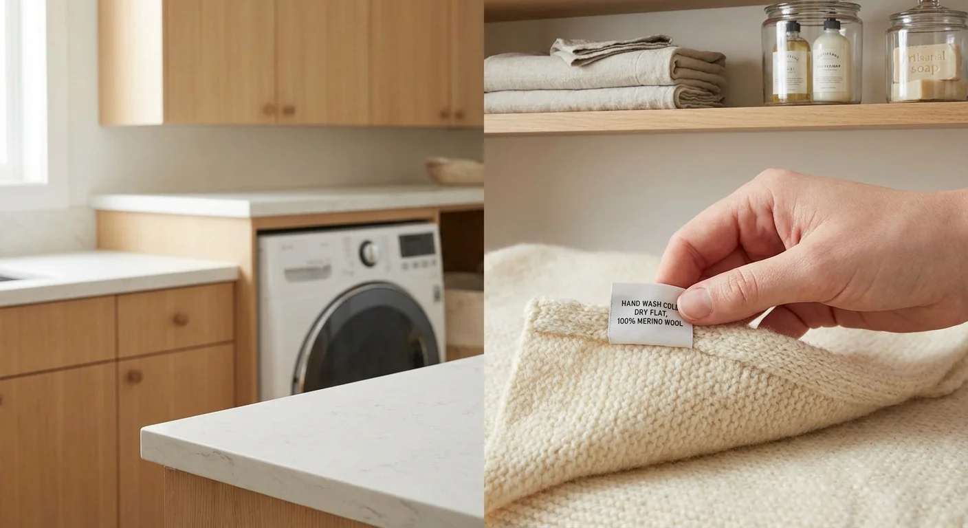 A person checking the care label on a blanket in a laundry room.