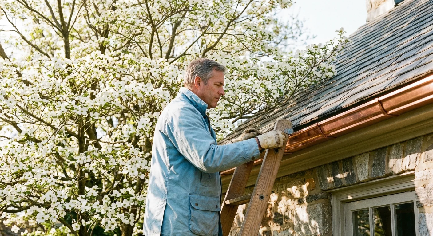 A person checking their home's gutters during the spring season.