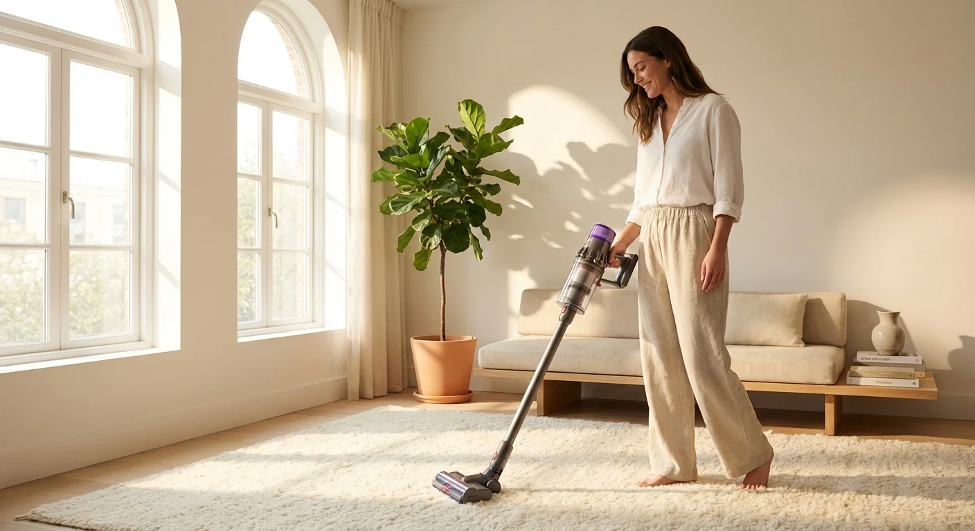 A person cleaning a bright, modern living room with a sleek cordless vacuum cleaner on a plush rug.