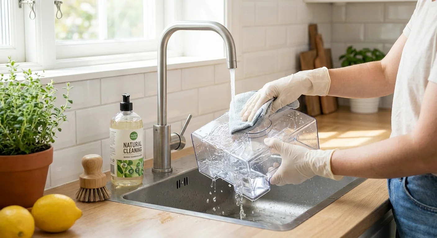 A person cleaning a clear humidifier water tank in a bright, modern kitchen.