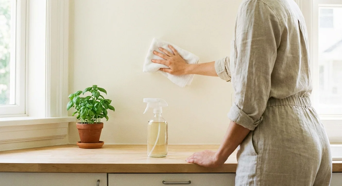 A person cleaning a kitchen wall with a cloth before tile installation.