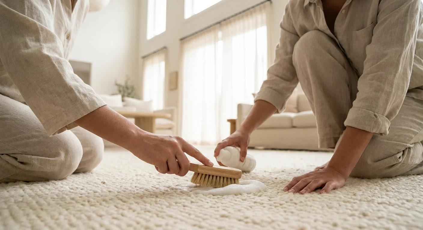 A person cleaning a spot on a plush cream-colored carpet.