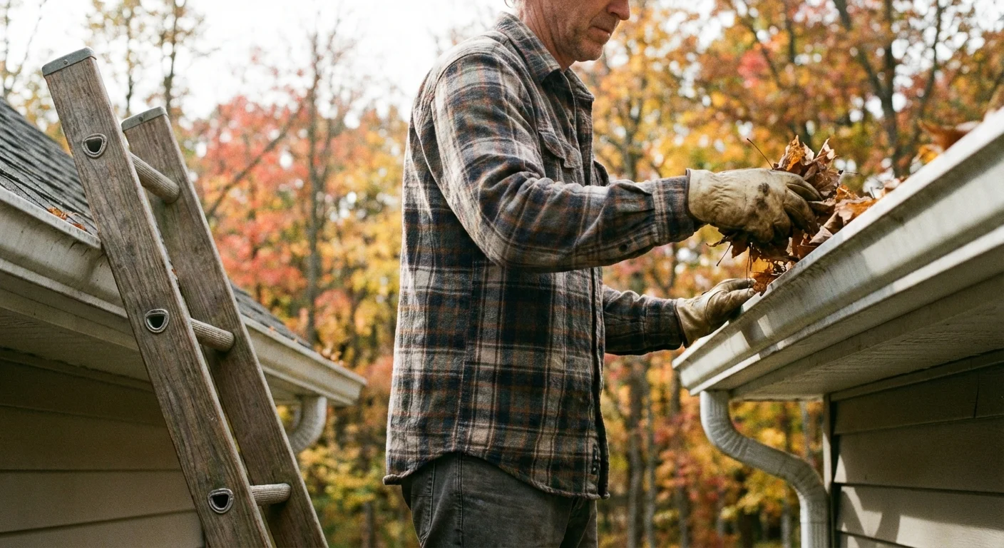 A person cleaning autumn leaves out of a house gutter on a ladder.