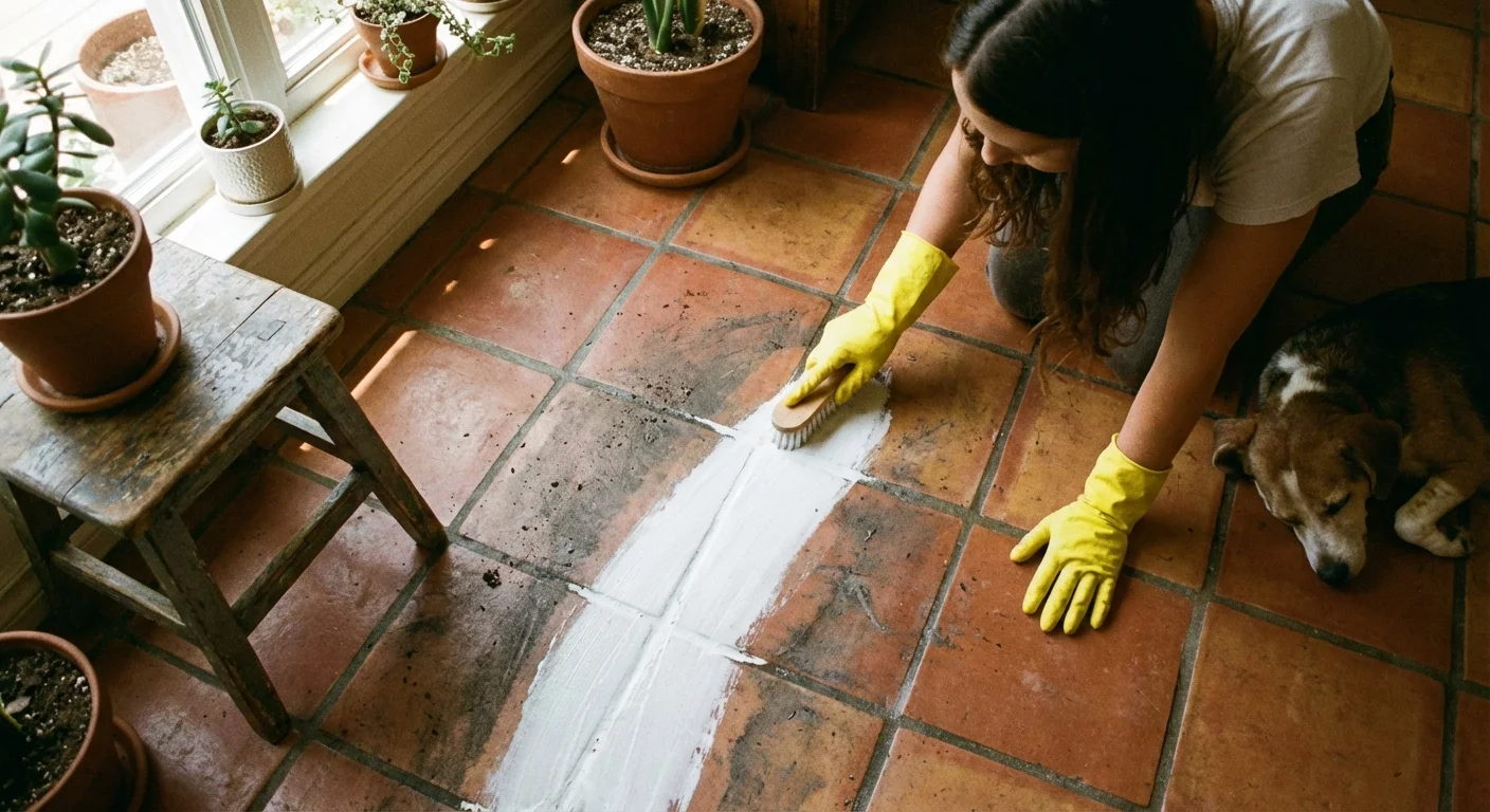 A person cleaning floor grout, revealing a bright white line next to dirty gray sections in a sunlit room.