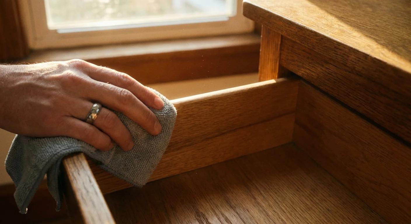 A person cleaning the inside of an empty wooden drawer.