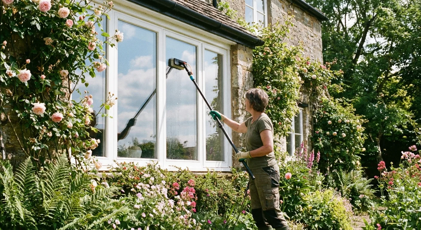 A person cleaning the outside of home windows from the garden.