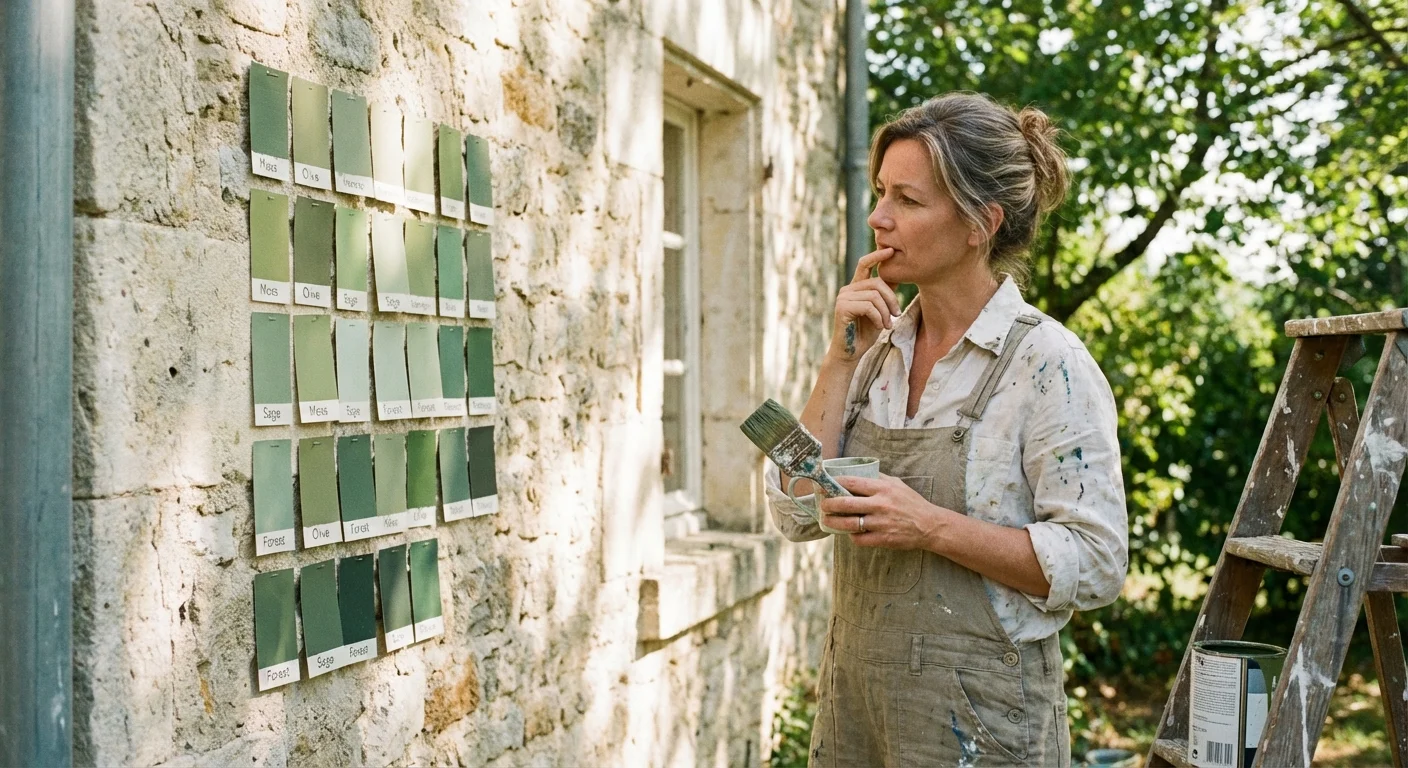 A person comparing paint swatches on an exterior wall.
