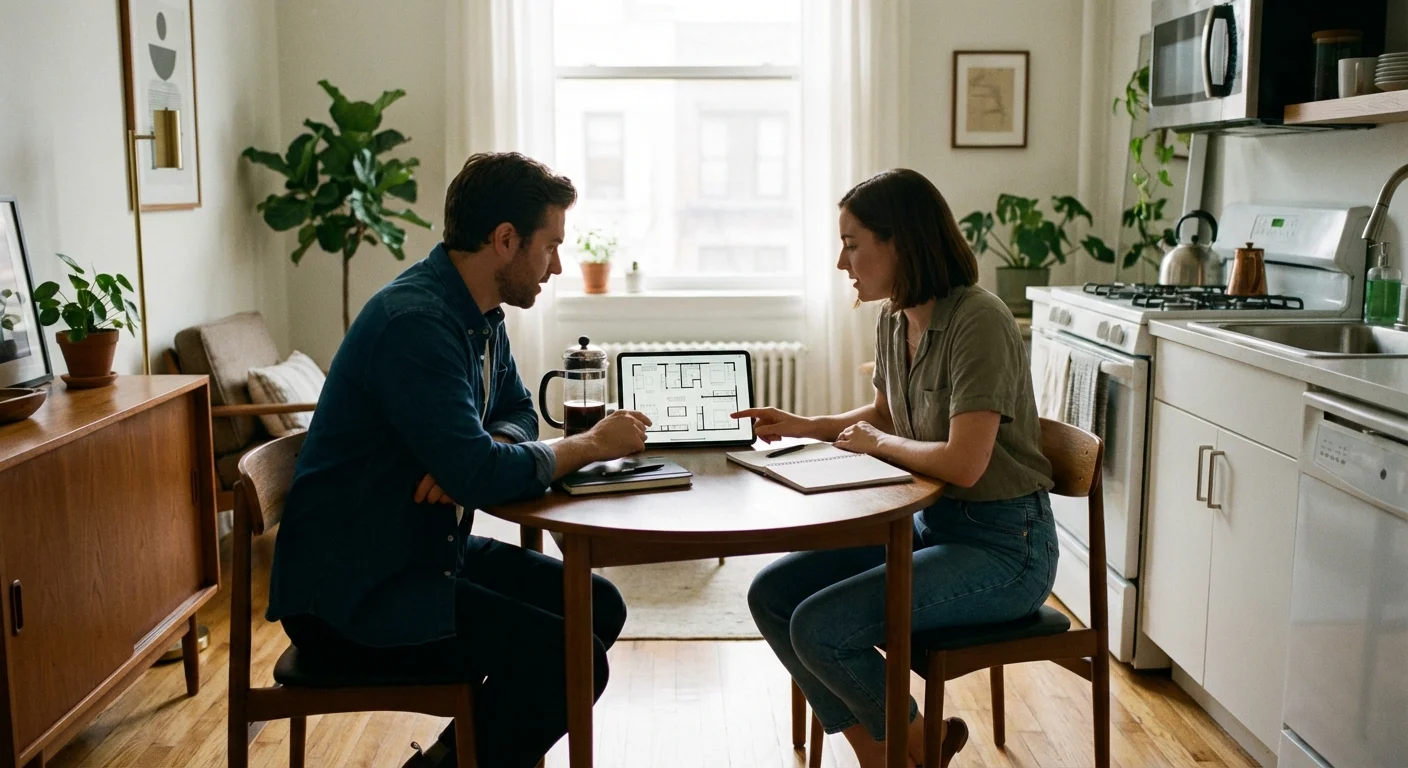 A person consulting with a designer over a digital floor plan in a sunlit apartment.