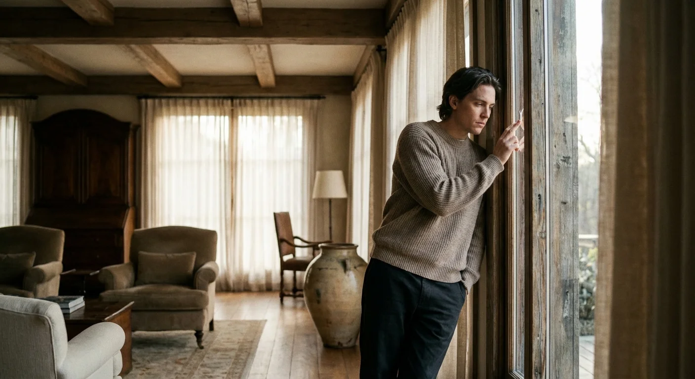A person examining a window frame in a modern, well-decorated room.