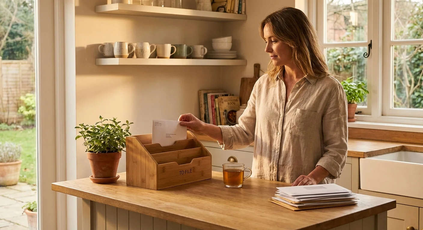 A person filing a single piece of mail into a stylish desktop organizer.