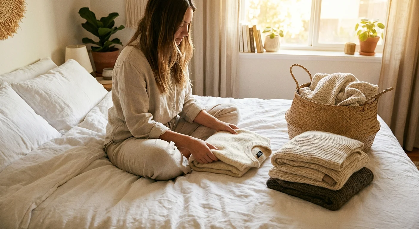 A person folding knitwear on a bed next to a woven storage basket.