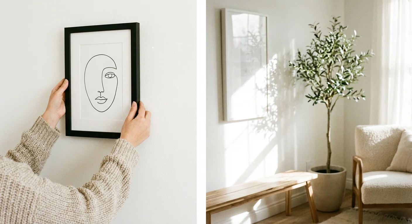 A person hanging a minimalist framed art piece on a white living room wall.