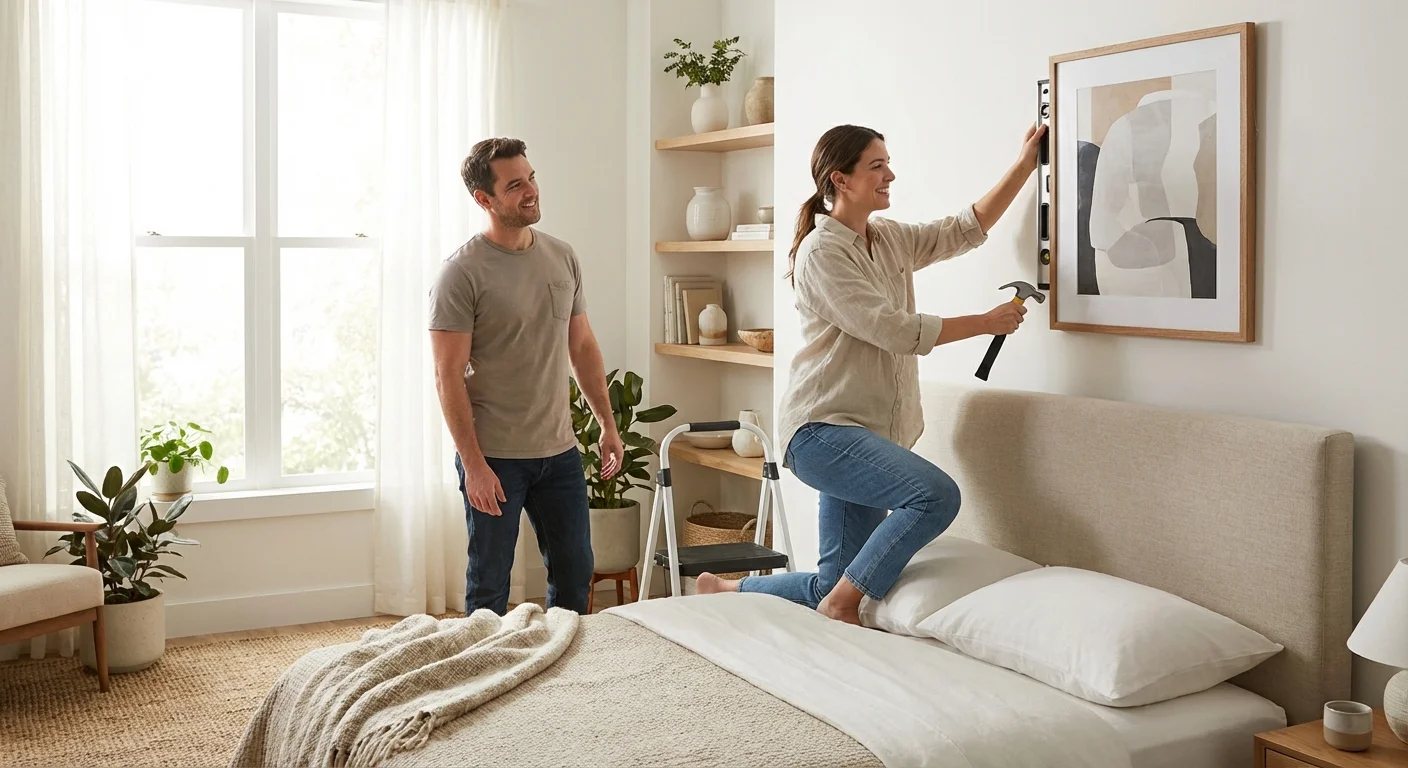 A person hanging a picture frame on a bedroom wall, illustrating a simple home improvement.