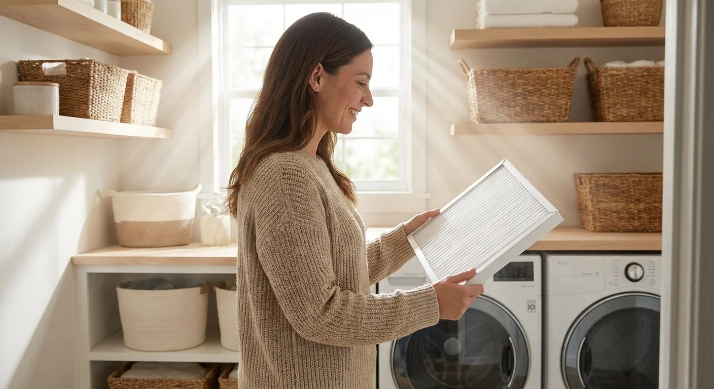 A person holding a new air filter next to an HVAC unit.