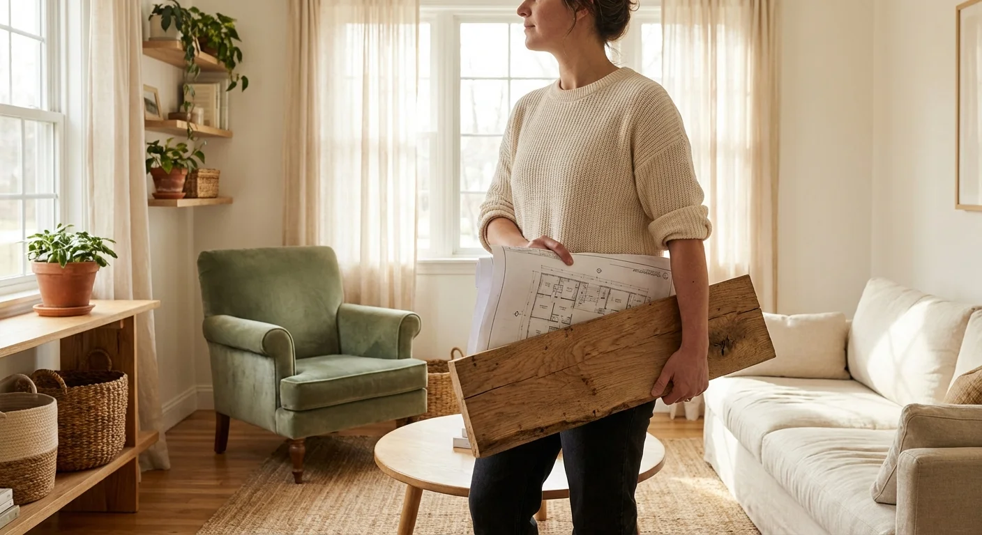 A person holding blueprints and reclaimed wood in a bright, cozy room.