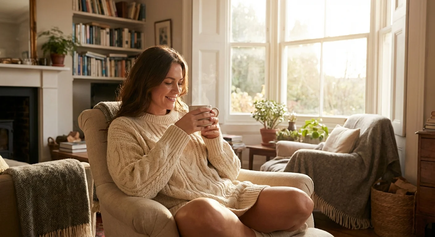 A person in a cozy sweater enjoying a warm drink by a bright window in a comfortable, well-insulated home.