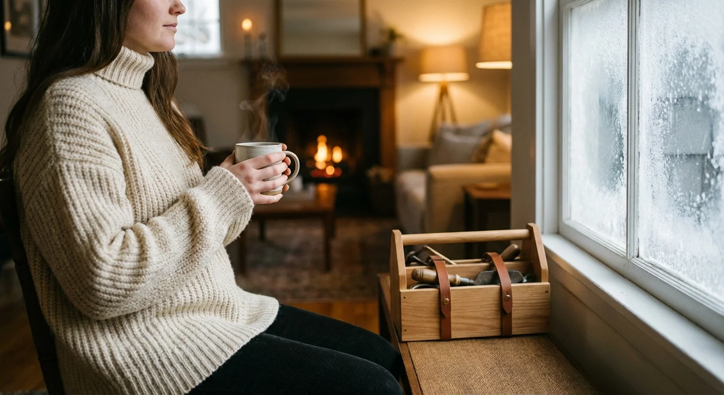 A person in a cozy sweater sits by a frosted window with a mug and a toolbox nearby.