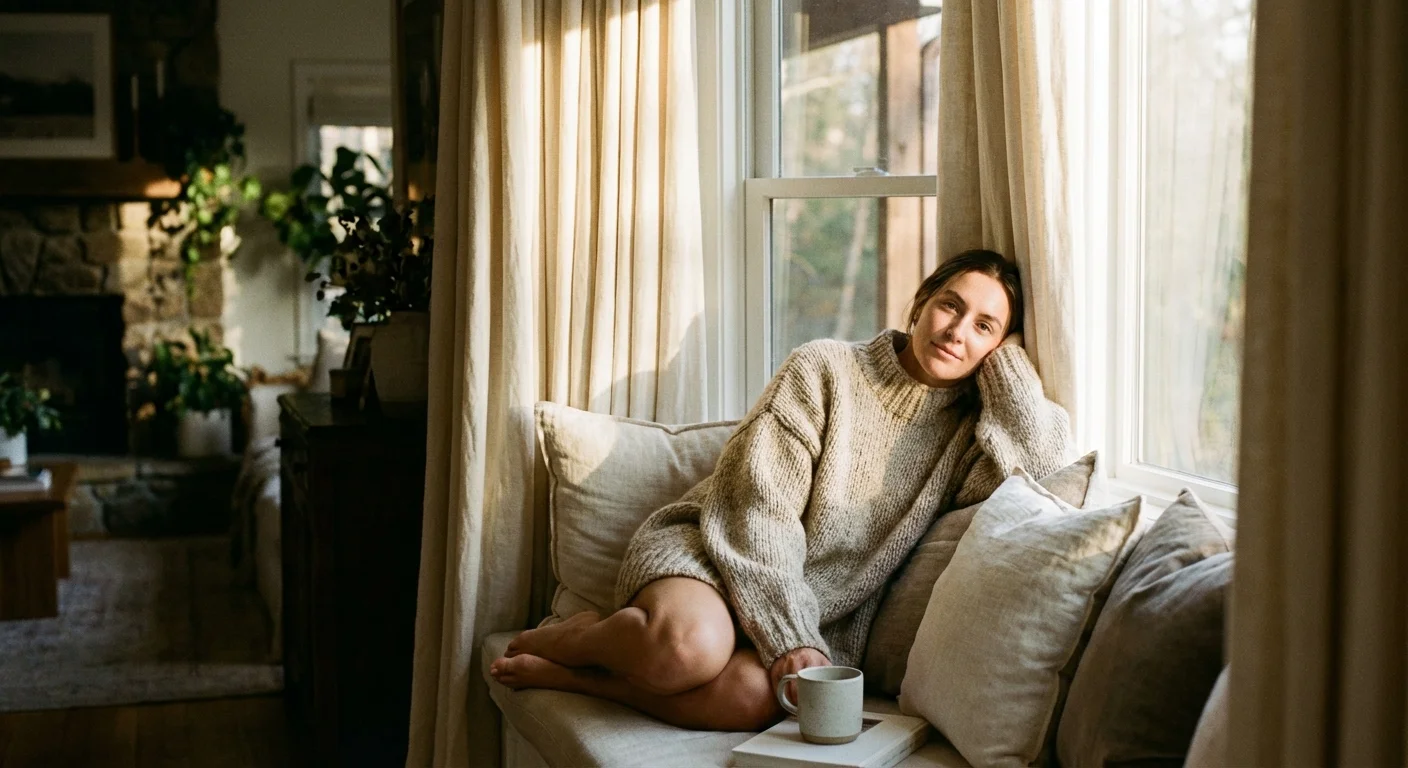 A person in a cozy sweater sitting by a window with thick curtains in a warm, inviting living room.