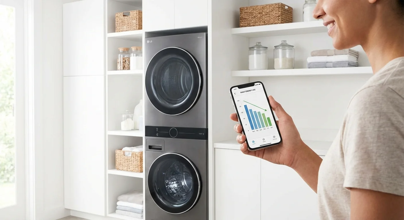 A person in a laundry room checking an energy monitoring app on their phone.