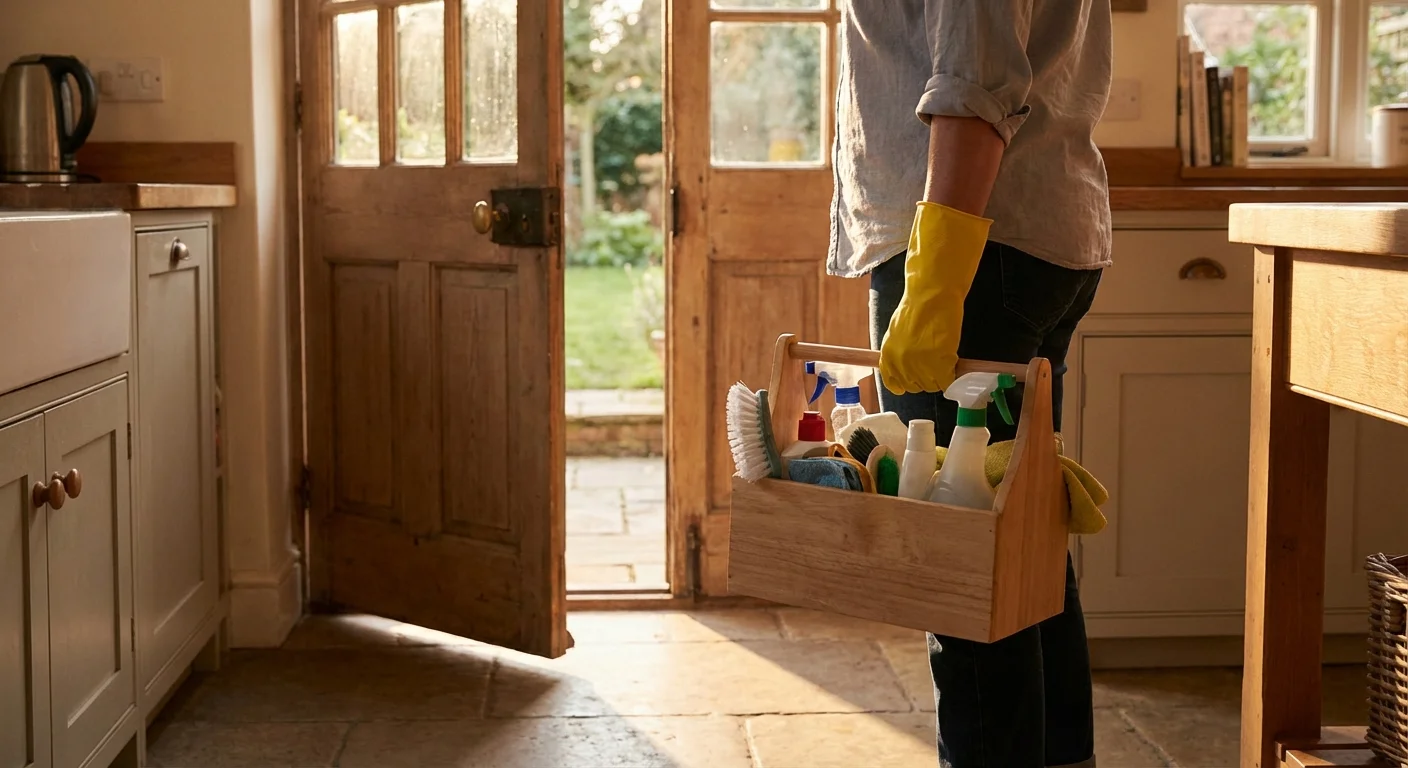 A person in yellow gloves holding a cleaning supply caddy near an open door.