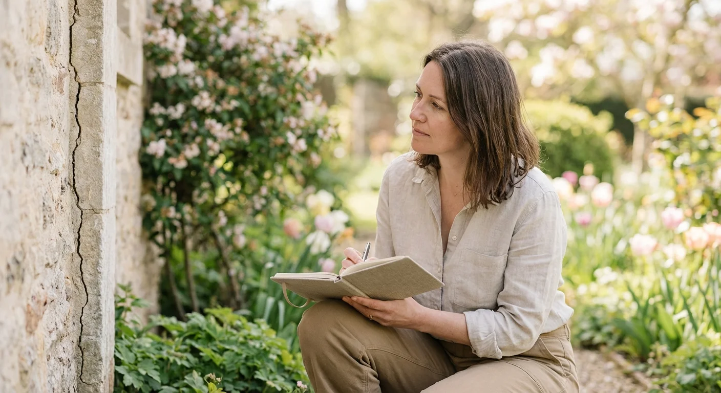 A person inspecting a small crack in an exterior wall.