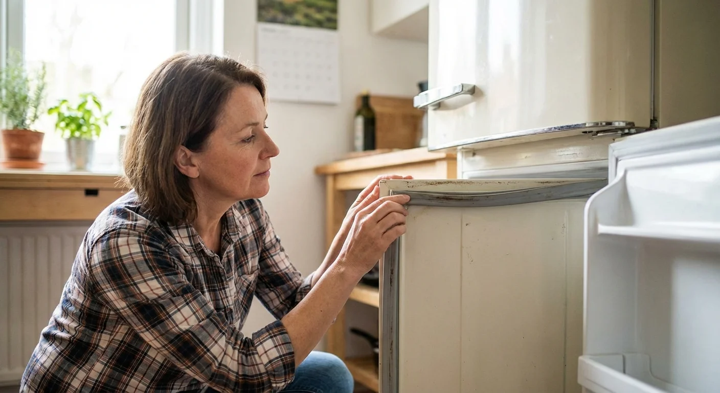A person inspecting the door seal of an older refrigerator in a brightly lit kitchen.