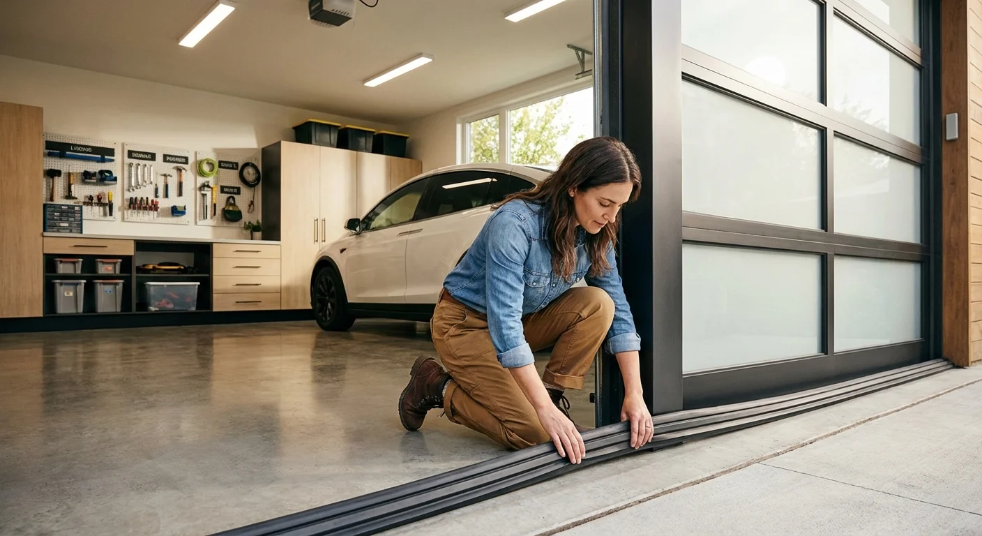 A person inspecting the weather seal on a modern garage door.