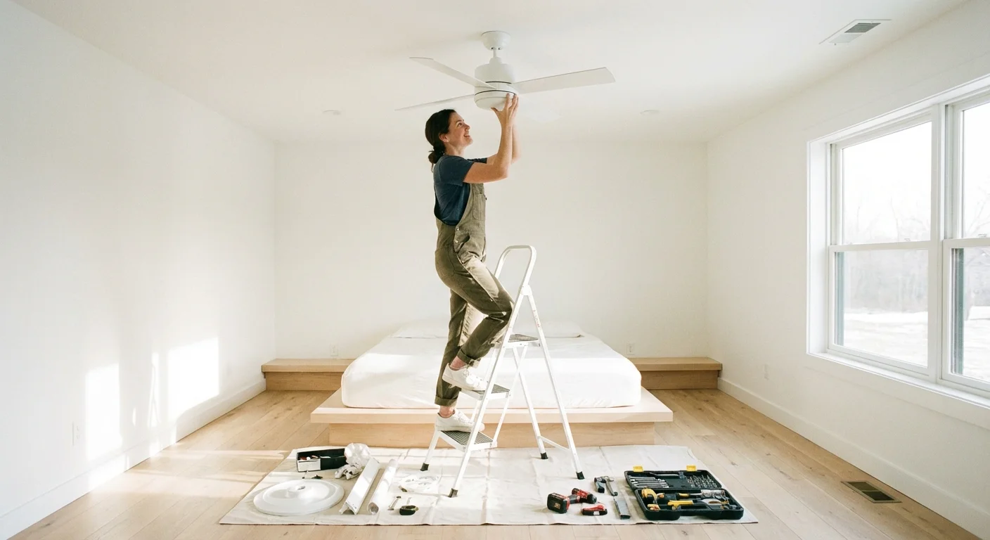 A person installing a white ceiling fan in a modern, bright bedroom.