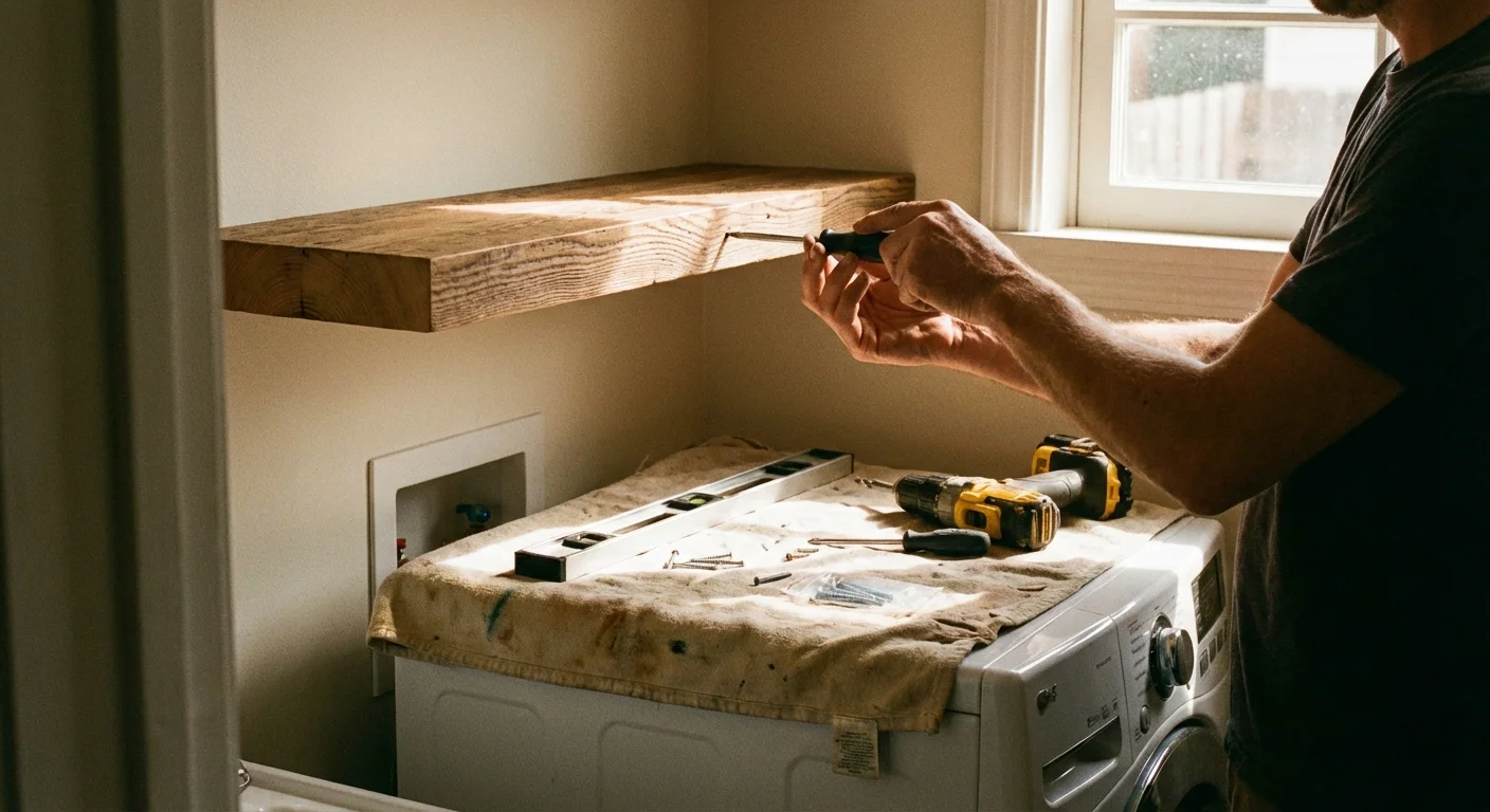 A person installing a wooden shelf in a laundry room as a DIY project.