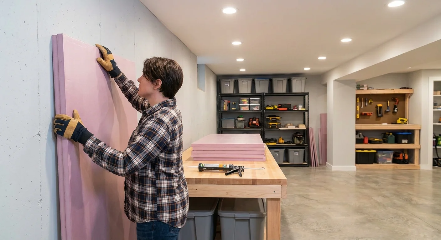A person installing rigid foam insulation on a clean basement wall.