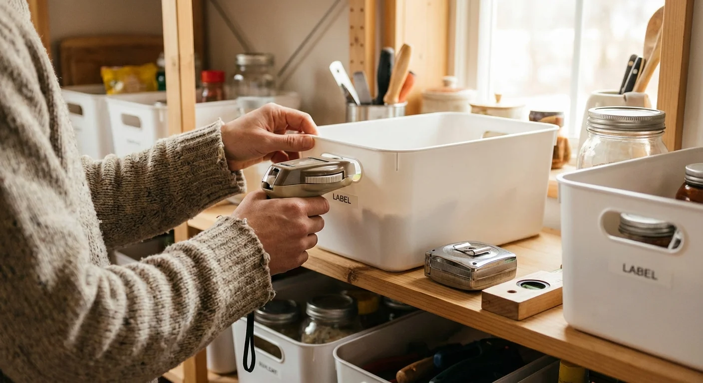 A person labeling storage bins in a pantry with a label maker.