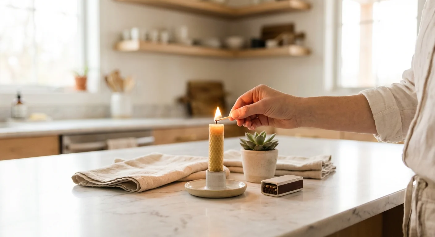 A person lighting a natural candle on a clean marble countertop.